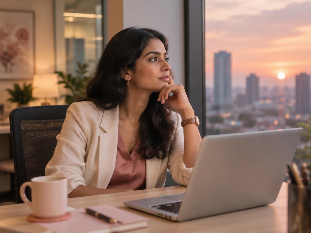 A young professional woman at her office desk, gazing out of the window, quietly questioning her path